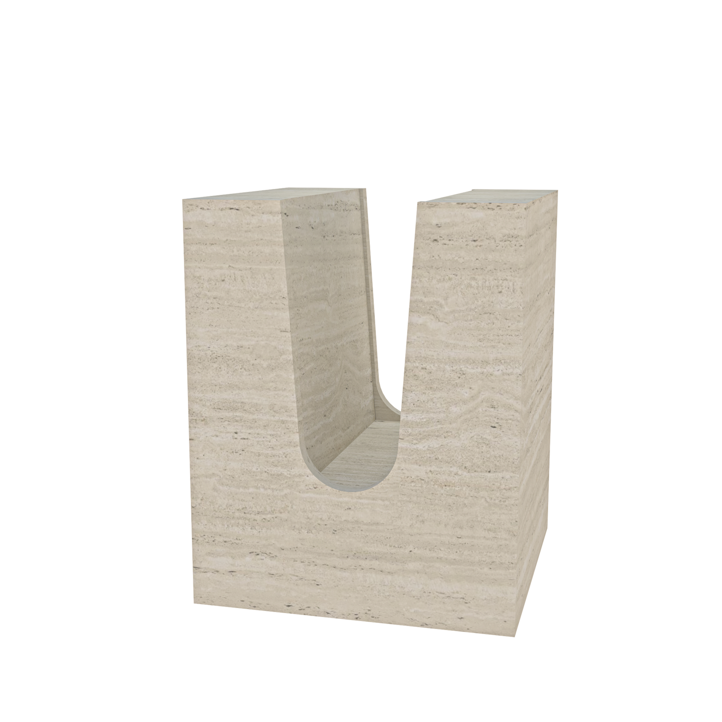 The Alba by Annuello – a handcrafted natural stone piece with a sculptural curved form, designed to function as both a side table and a magazine stand. Shown in an upright position with smooth veining and architectural lines.