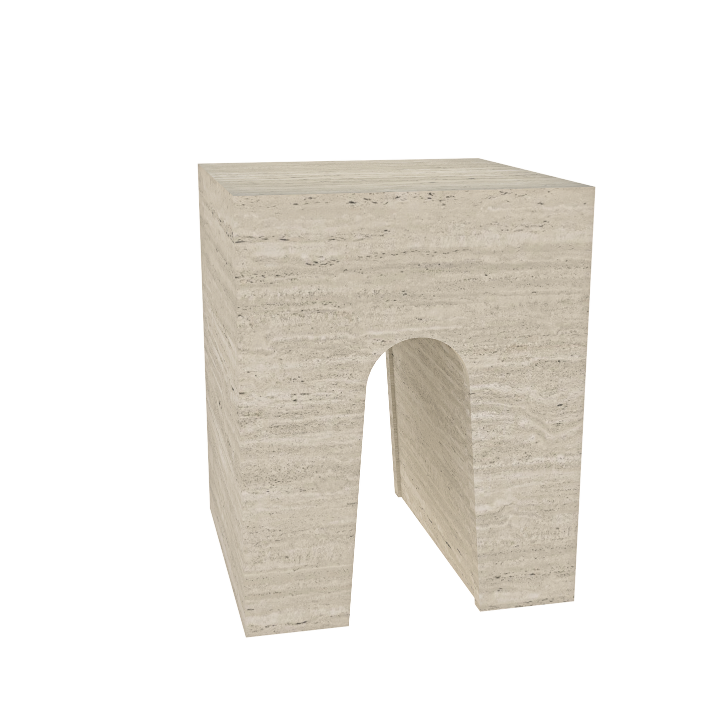 The Alba by Annuello – a handcrafted natural stone piece with a sculptural curved form, designed to function as both a side table and a magazine stand. Shown in an upright position with smooth veining and architectural lines.