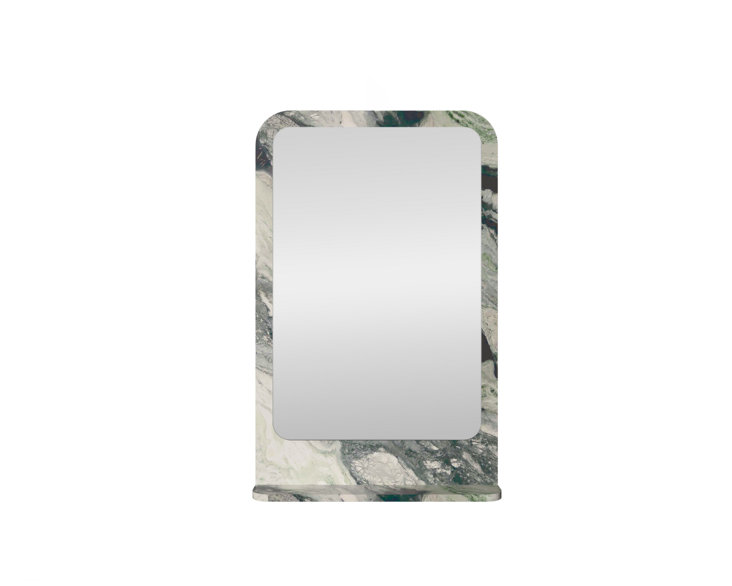 A stunning gree marble stone surronds a cuved rectangluar mirror, featuring an intrgeated stone shelf, this stone mirror is a stunning feature on its own. The capri stone mirror by annuello.
