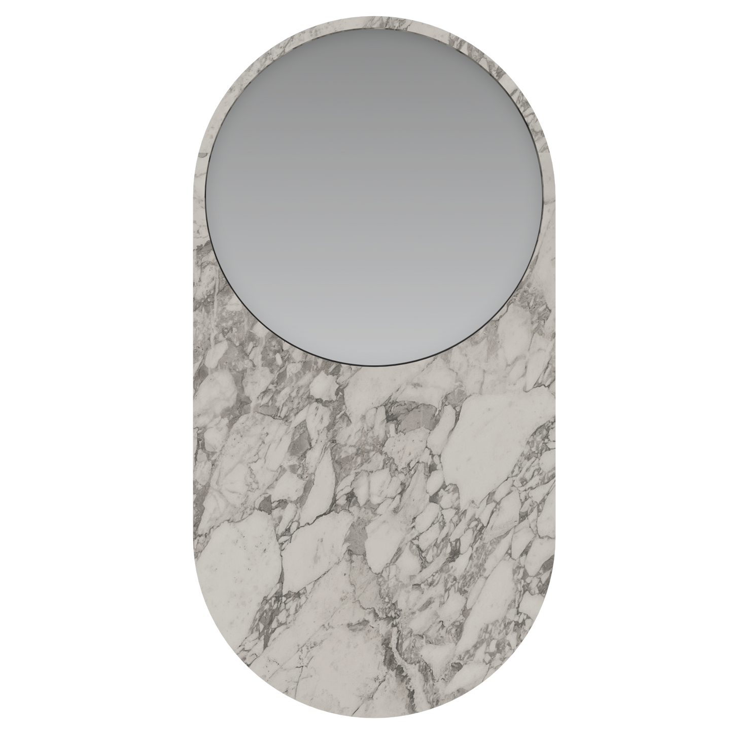 Pill mirror featuring a luxurious Arabescato Corchia marble frame. This sculptural stone mirror blends timeless elegance with modern design, making it a sophisticated statement piece for bathrooms, bedrooms, or entryways. Handcrafted from premium natural marble, this pill-shaped mirror showcases the distinctive veining and refined beauty of Arabescato Corchia stone.