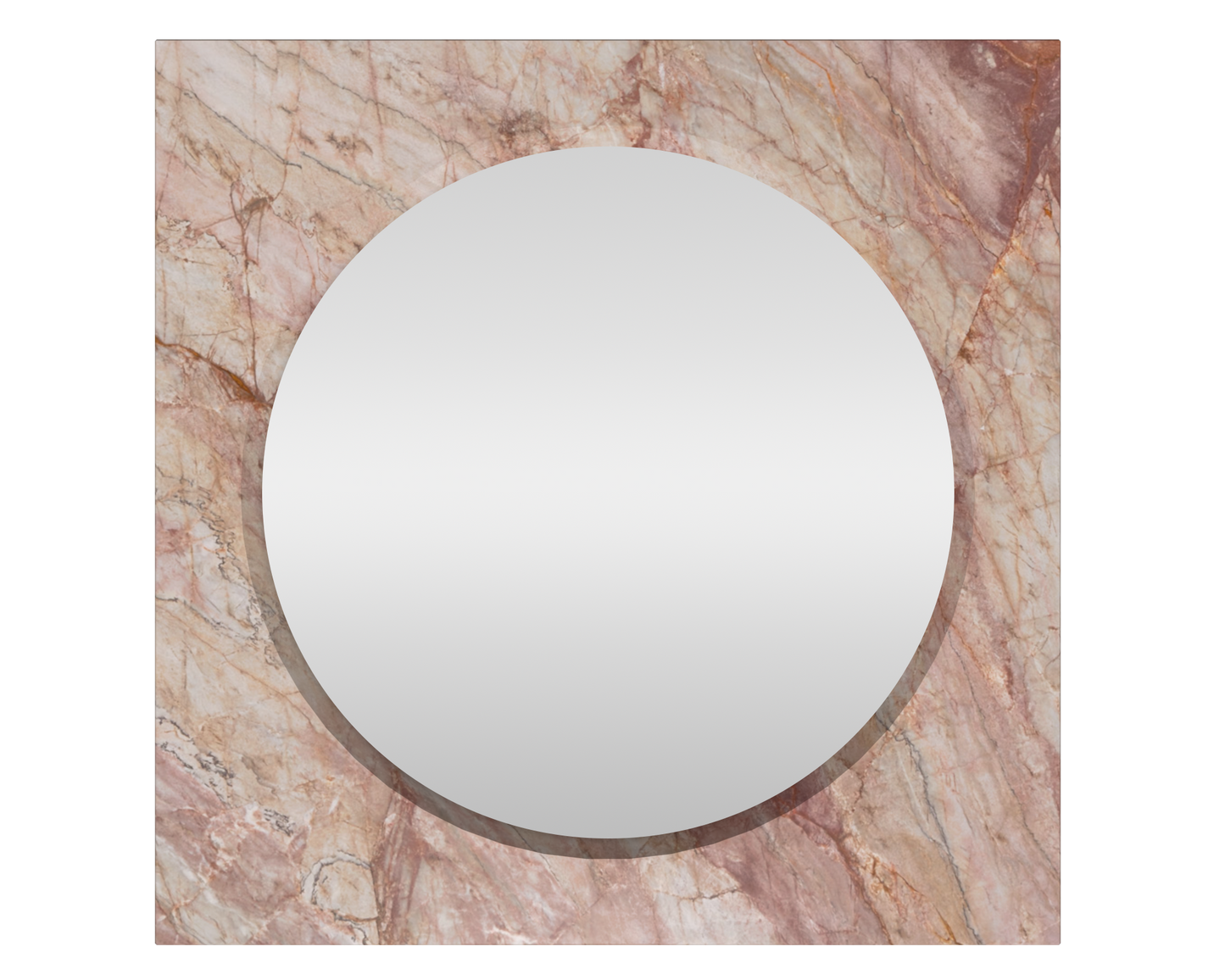The Axis Stone Mirror in Turkish Delight. Turkish Delight Marble has beautiful rose and terracotta veins running through the surface, Turkish delight is dramatic with its natural beauty, sure to create an impact. The Turkish Delight Marble is framed around the round mirror to a sqaure profile to create a stunning stone mirror. This stone mirror is a stunning feature.
