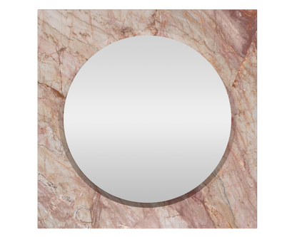 The Axis Stone Mirror in Turkish Delight. Turkish Delight Marble has beautiful rose and terracotta veins running through the surface, Turkish delight is dramatic with its natural beauty, sure to create an impact. The Turkish Delight Marble is framed around the round mirror to a sqaure profile to create a stunning stone mirror. This stone mirror is a stunning feature.