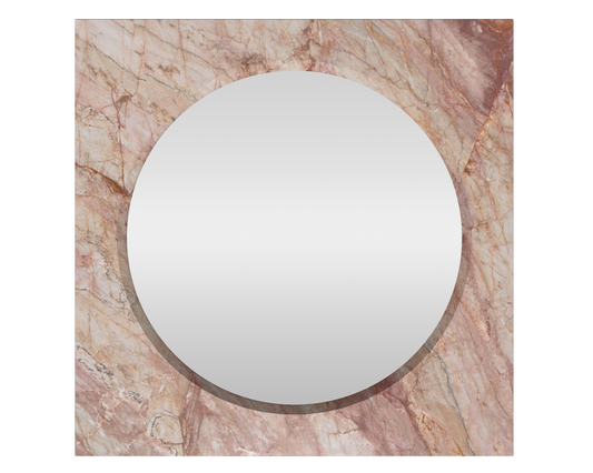 The Axis Stone Mirror in Turkish Delight. Turkish Delight Marble has beautiful rose and terracotta veins running through the surface, Turkish delight is dramatic with its natural beauty, sure to create an impact. The Turkish Delight Marble is framed around the round mirror to a sqaure profile to create a stunning stone mirror. This stone mirror is a stunning feature.