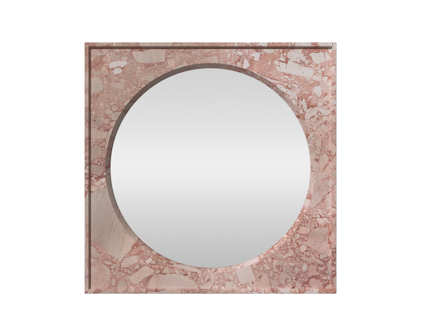 A stunning framed stone mirrior, the round cirlce mirror is framed in a stunning pink and rose Turkish Delight Marble, creating a perfectly framed stone mirror. Turkish Delight Orbis Stone Mirror. 