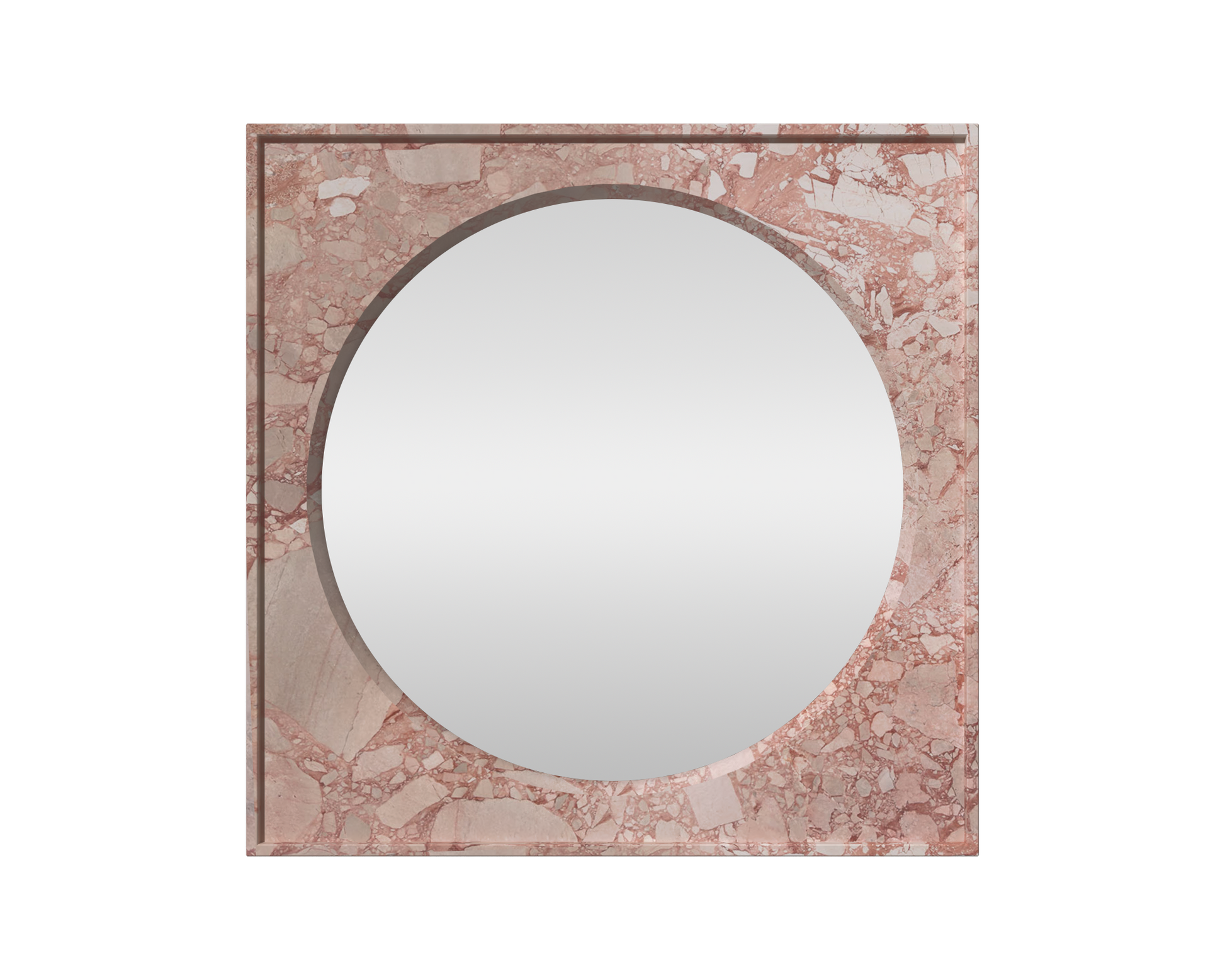 A stunning framed stone mirrior, the round cirlce mirror is framed in a stunning pink and rose Turkish Delight Marble, creating a perfectly framed stone mirror. Turkish Delight Orbis Stone Mirror. 