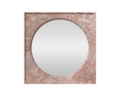 A stunning framed stone mirrior, the round cirlce mirror is framed in a stunning pink and rose Turkish Delight Marble, creating a perfectly framed stone mirror. Turkish Delight Orbis Stone Mirror. 