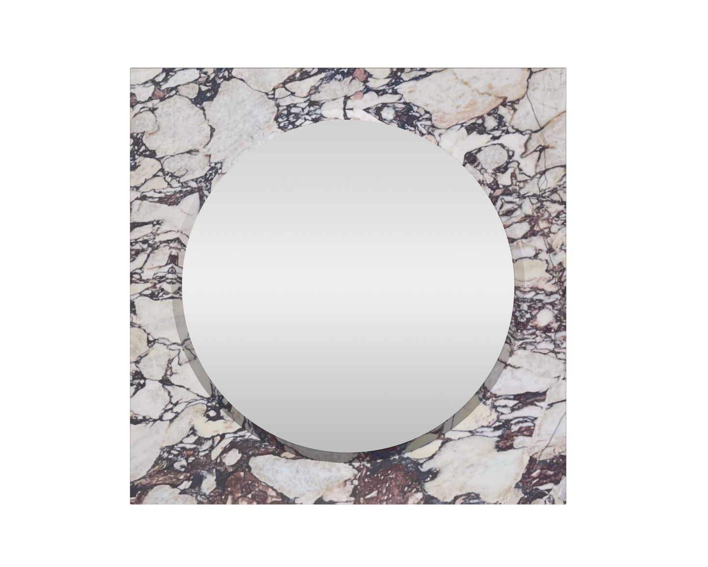 Small Axis stone mirror in Calacatta Viola. Calacatta Viola is a stunning red, white and black marble. The calacatta marble wraps the circular mirror to create a sqaure frame. This stunning stone mirror is a feature of its own. 