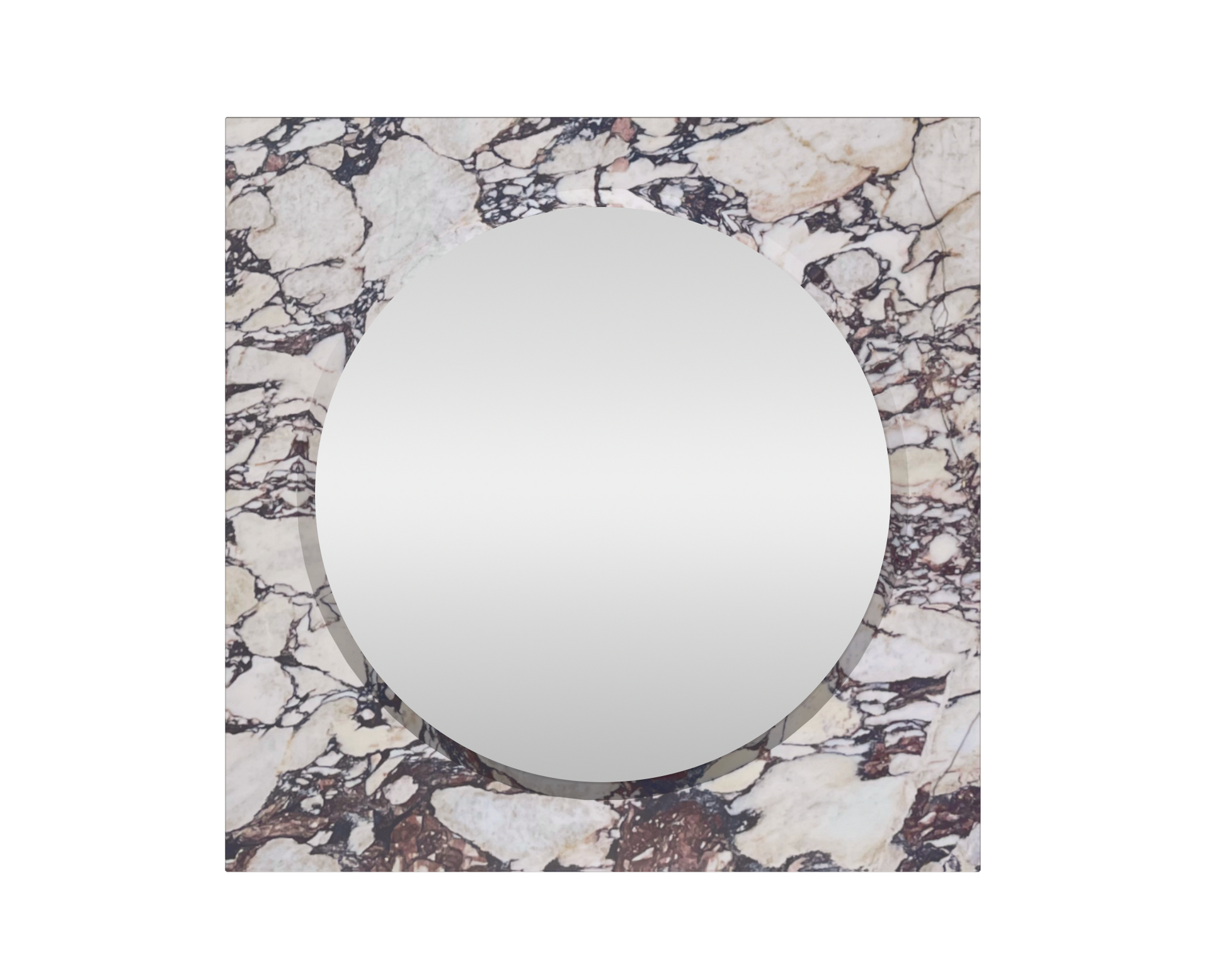 Small Axis stone mirror in Calacatta Viola. Calacatta Viola is a stunning red, white and black marble. The calacatta marble wraps the circular mirror to create a sqaure frame. This stunning stone mirror is a feature of its own. 