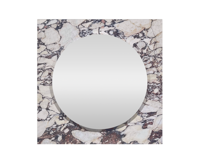 Small Axis stone mirror in Calacatta Viola. Calacatta Viola is a stunning red, white and black marble. The calacatta marble wraps the circular mirror to create a sqaure frame. This stunning stone mirror is a feature of its own. 